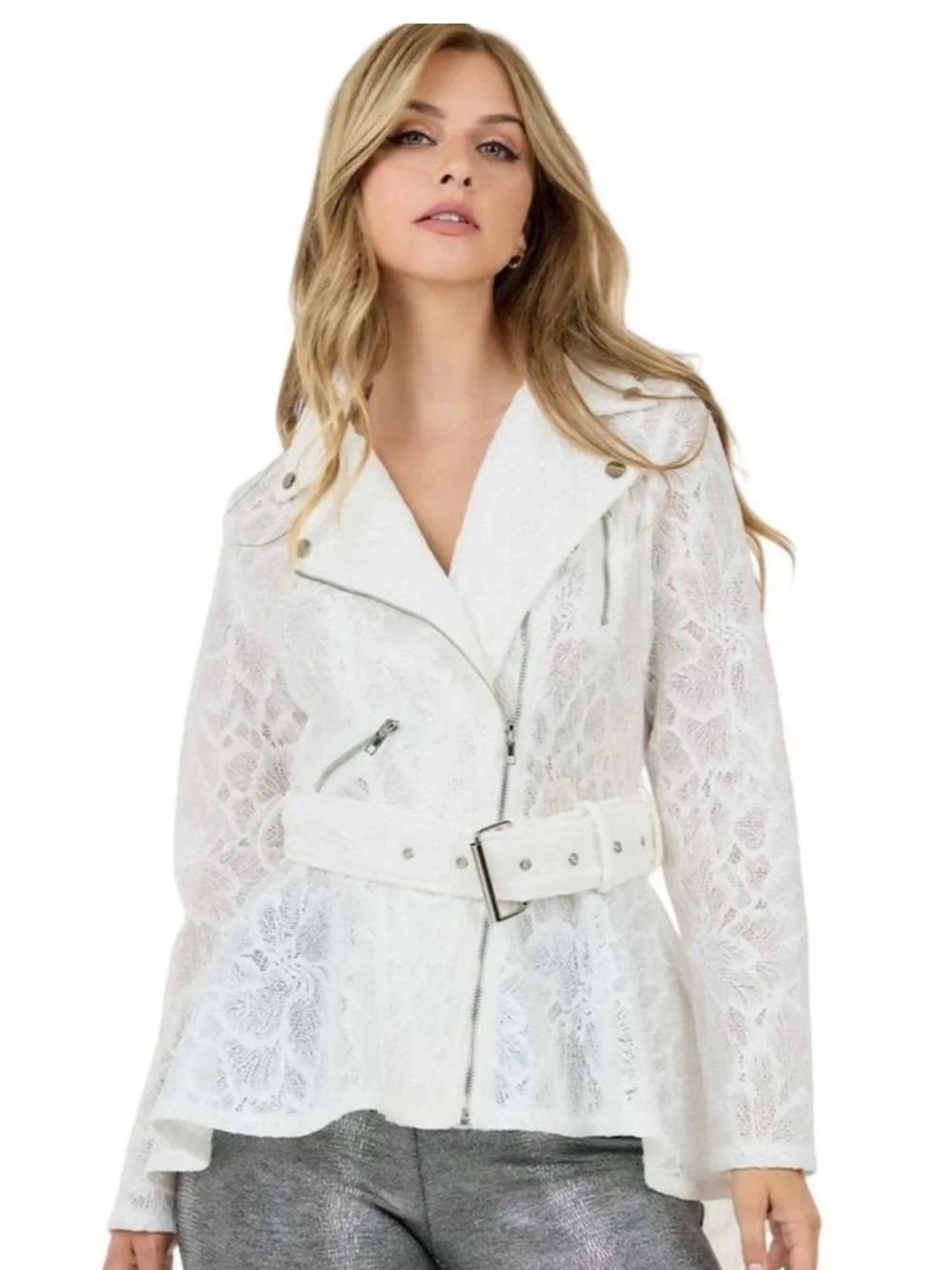CQbyCQ White Lace Belted High Low Moto Jacket Zip Up Front L